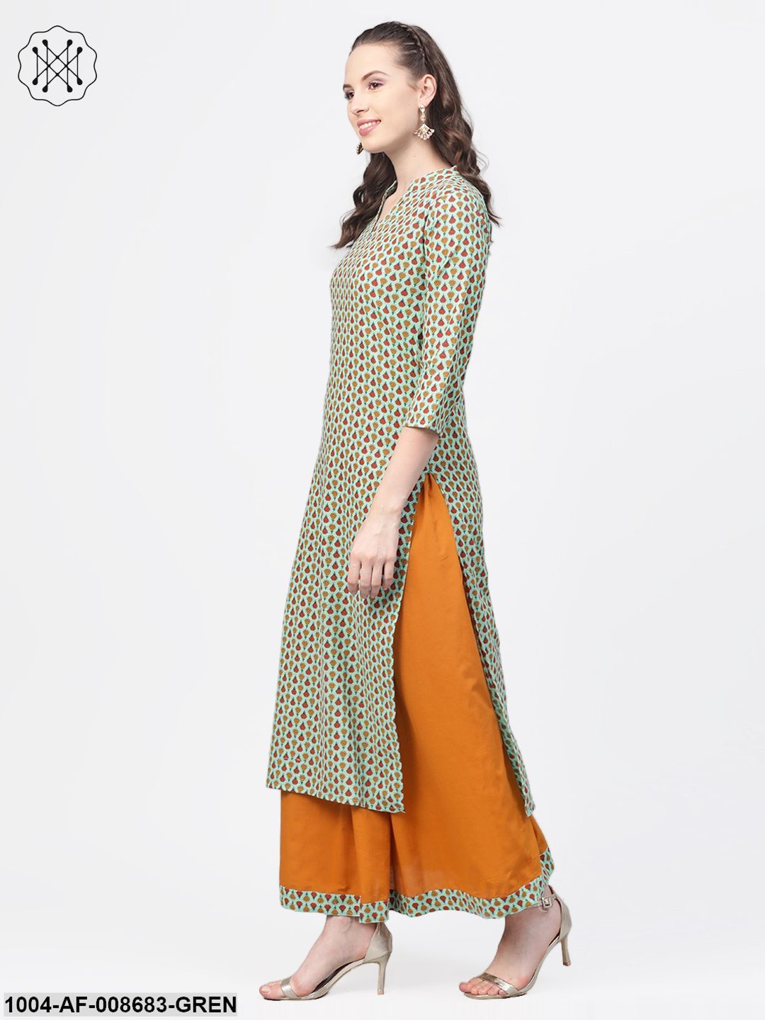 Pastel green Multi Coloured Printed Kurta set with Solid Yellow Skirt - Image 3