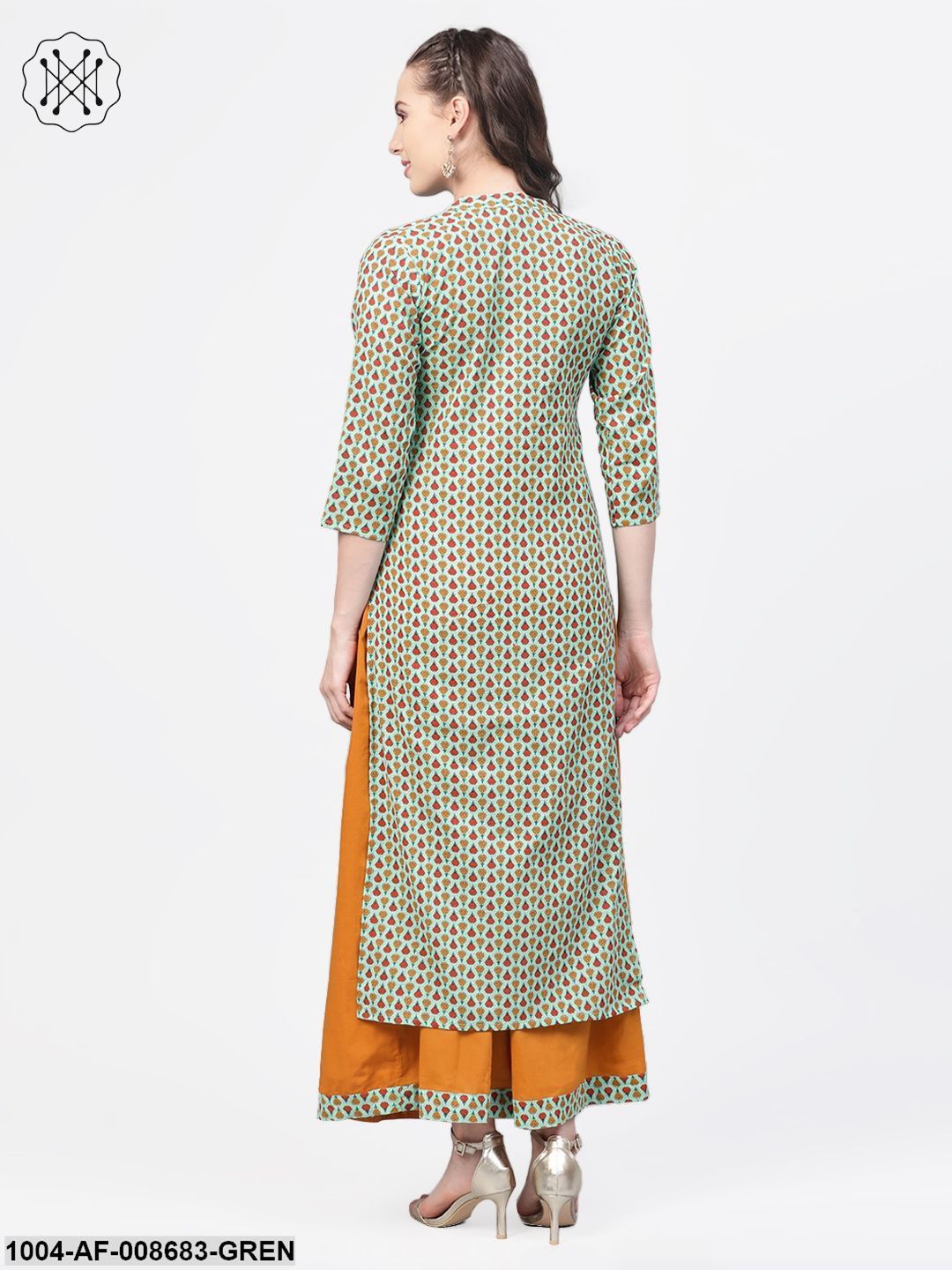 Pastel green Multi Coloured Printed Kurta set with Solid Yellow Skirt - Image 4