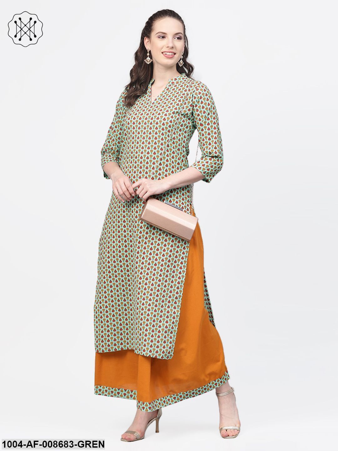 Pastel green Multi Coloured Printed Kurta set with Solid Yellow Skirt - Image 2