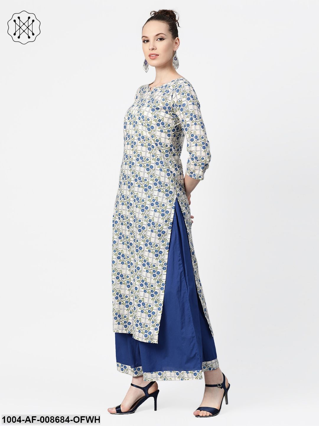 Off-White & Blue gold Floral printed Kurta set with Skirt - Image 4