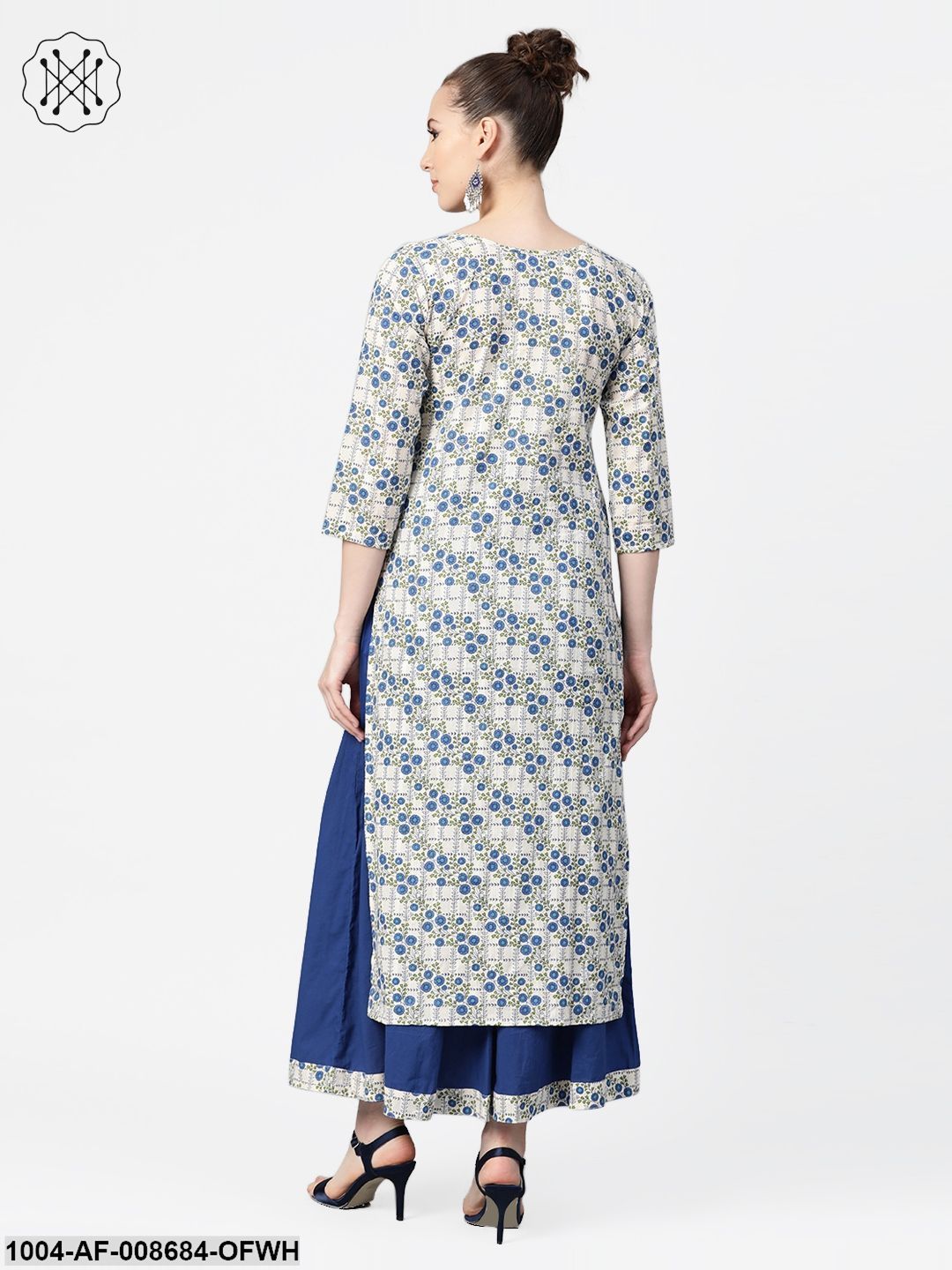 Off-White & Blue gold Floral printed Kurta set with Skirt - Image 3