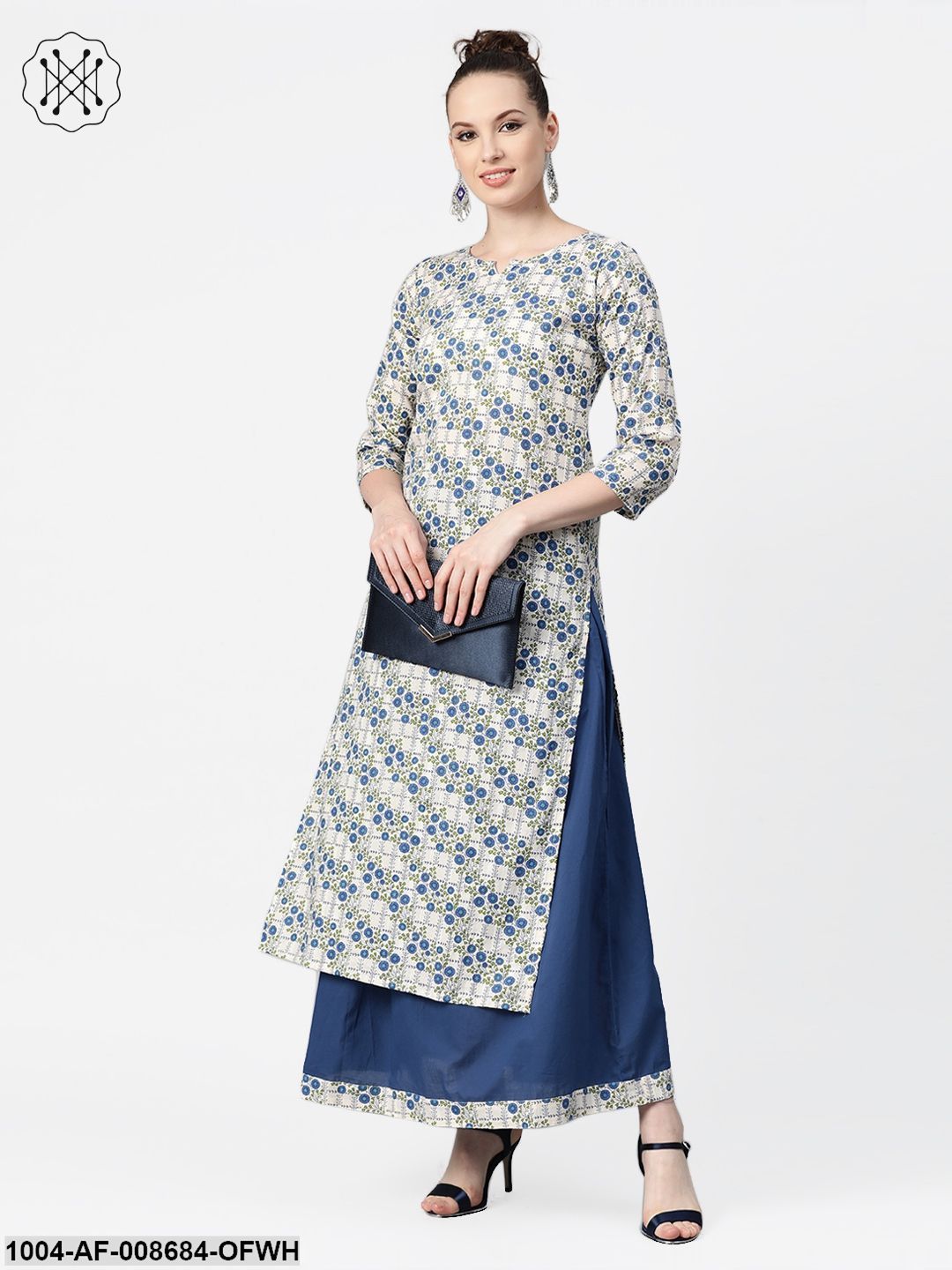 Off-White & Blue gold Floral printed Kurta set with Skirt - Image 2