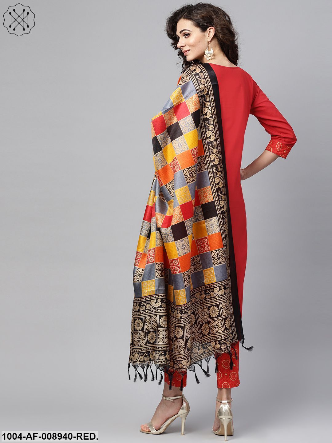 Solid Red Kurta Set With Gold Printed Pants With Multi Coloured Bhagalpur Dupatta - Image 3
