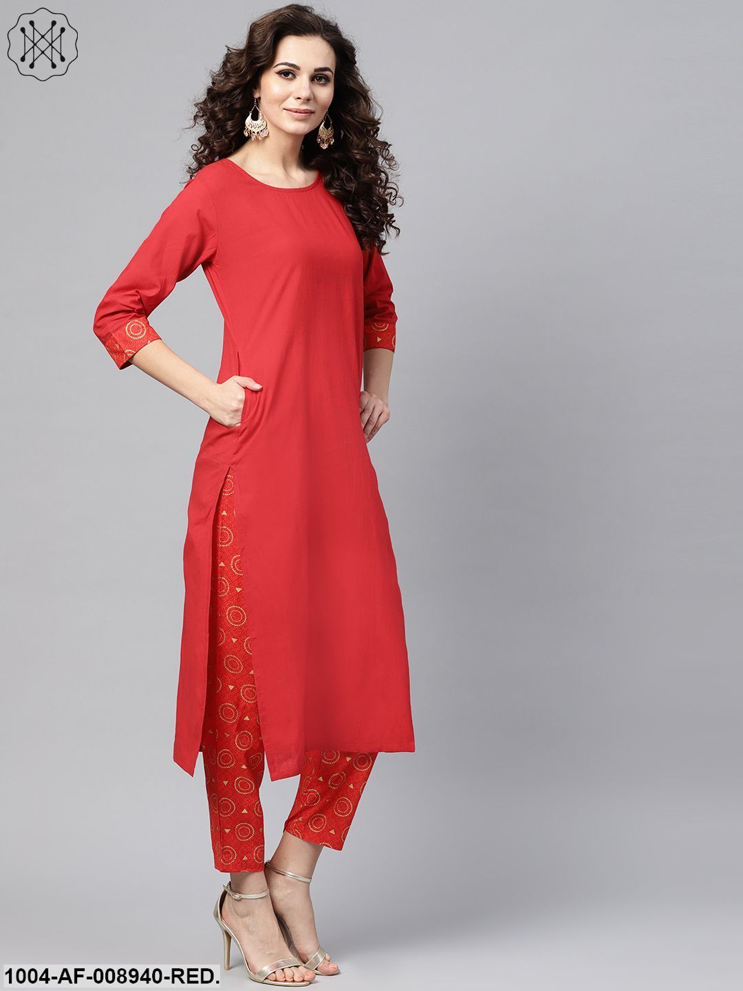 Solid Red Kurta Set With Gold Printed Pants With Multi Coloured Bhagalpur Dupatta - Image 2