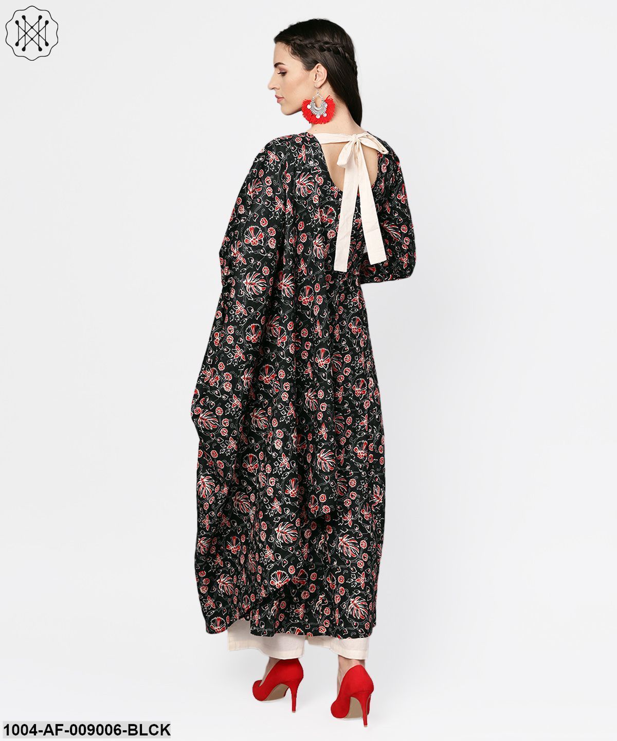 Black Printed Full Sleeve Rayon Kurta With Dupatta And Solid Beige Palazzo - Image 3
