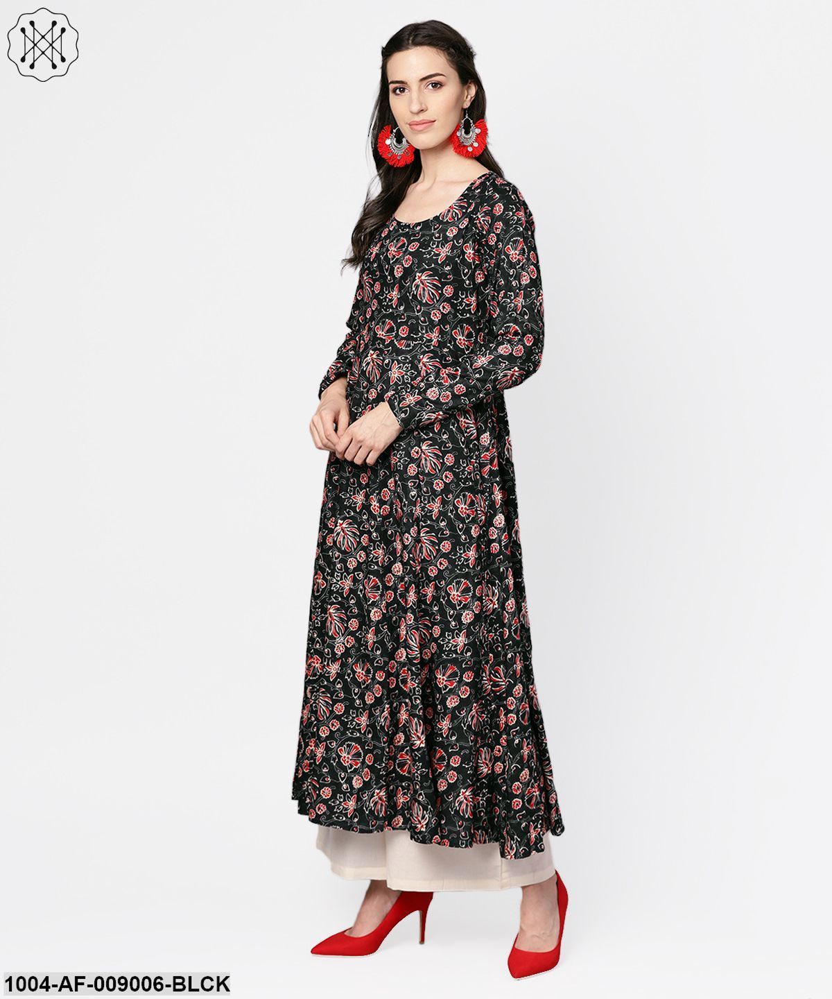 Black Printed Full Sleeve Rayon Kurta With Dupatta And Solid Beige Palazzo - Image 4