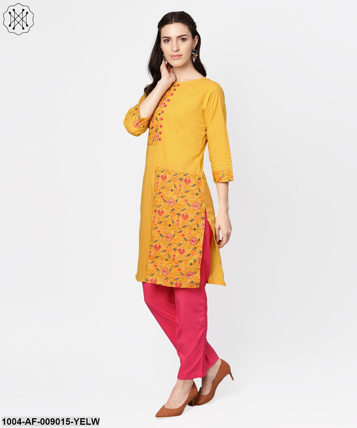 Yellow Printed 3/4Th Sleeve Cotton Kurta With Red Palazzo - Image 4