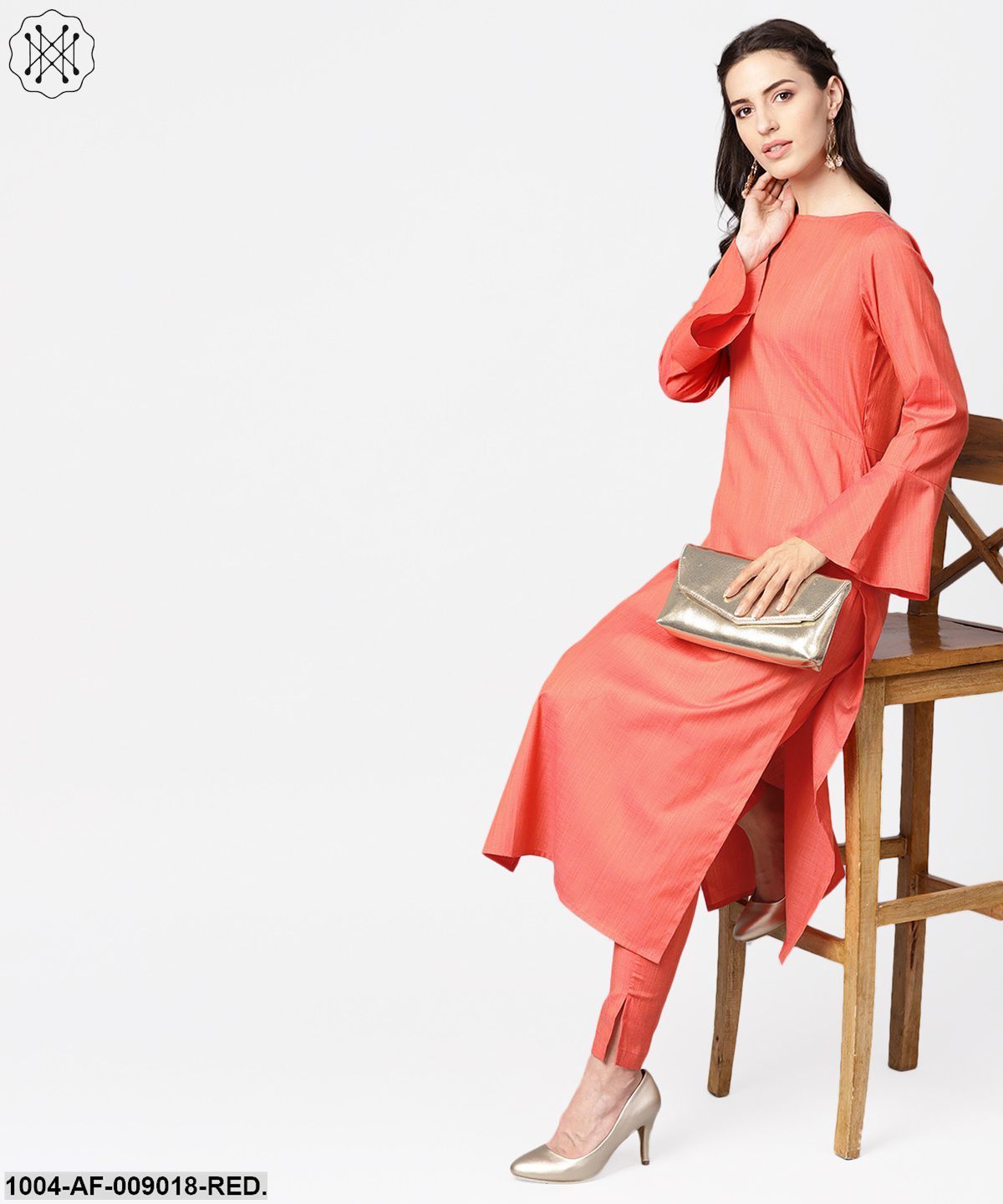 Red Full Sleeve Cotton Kurta With Pant - Image 4