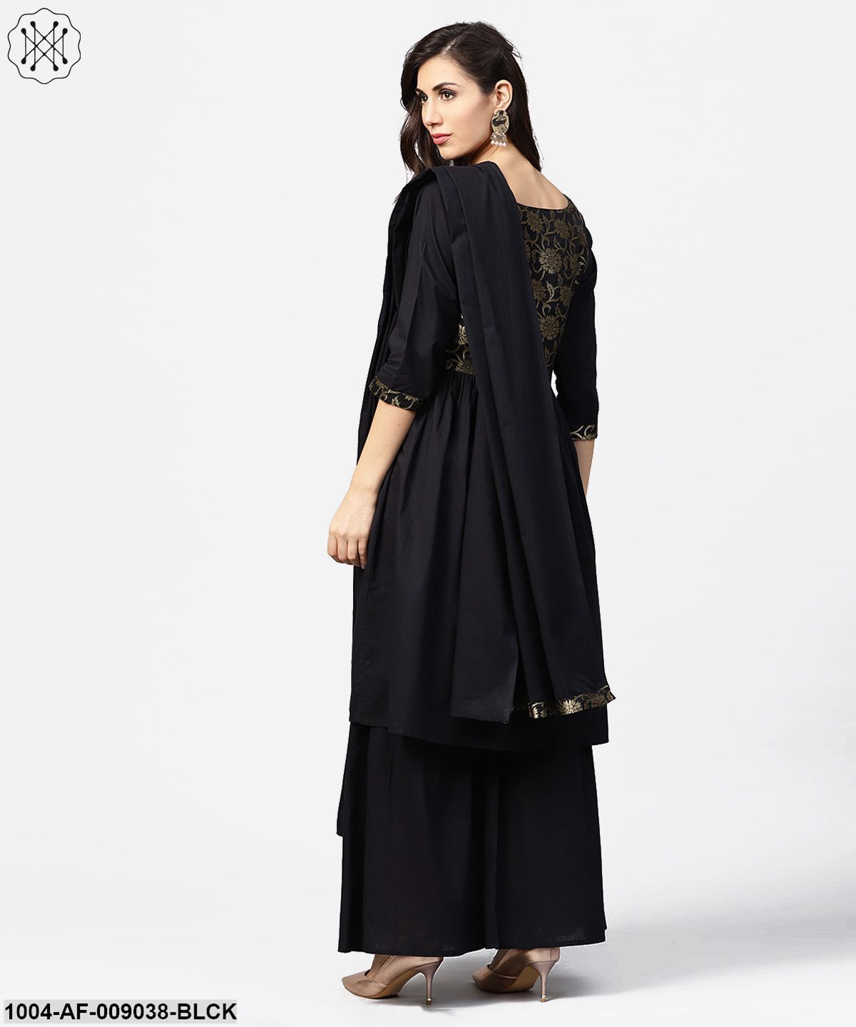 Black 3/4Th Sleeve Cotton Anarkali Kurta With Brocade At Yoke With Ankle Length Palazzo & Dupatta - Image 3