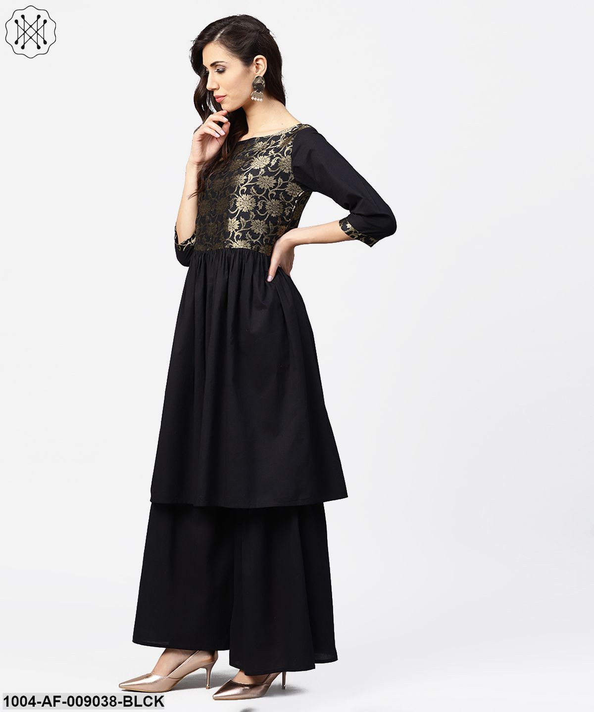 Black 3/4Th Sleeve Cotton Anarkali Kurta With Brocade At Yoke With Ankle Length Palazzo & Dupatta - Image 2