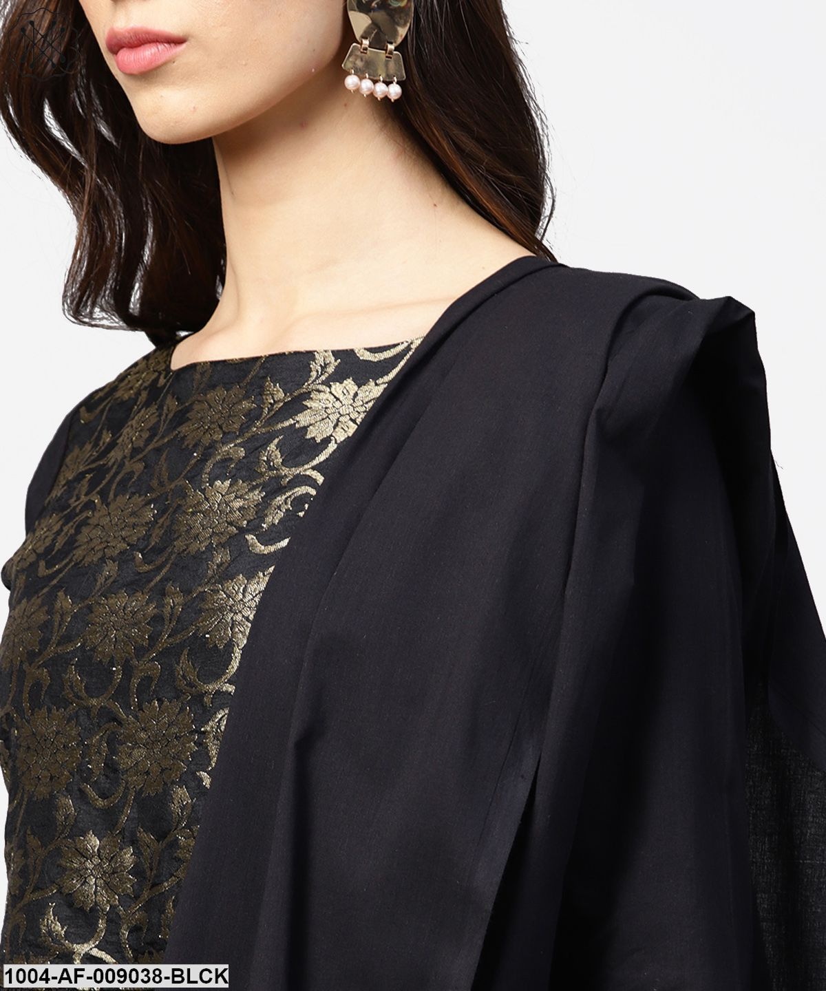 Black 3/4Th Sleeve Cotton Anarkali Kurta With Brocade At Yoke With Ankle Length Palazzo & Dupatta - Image 4