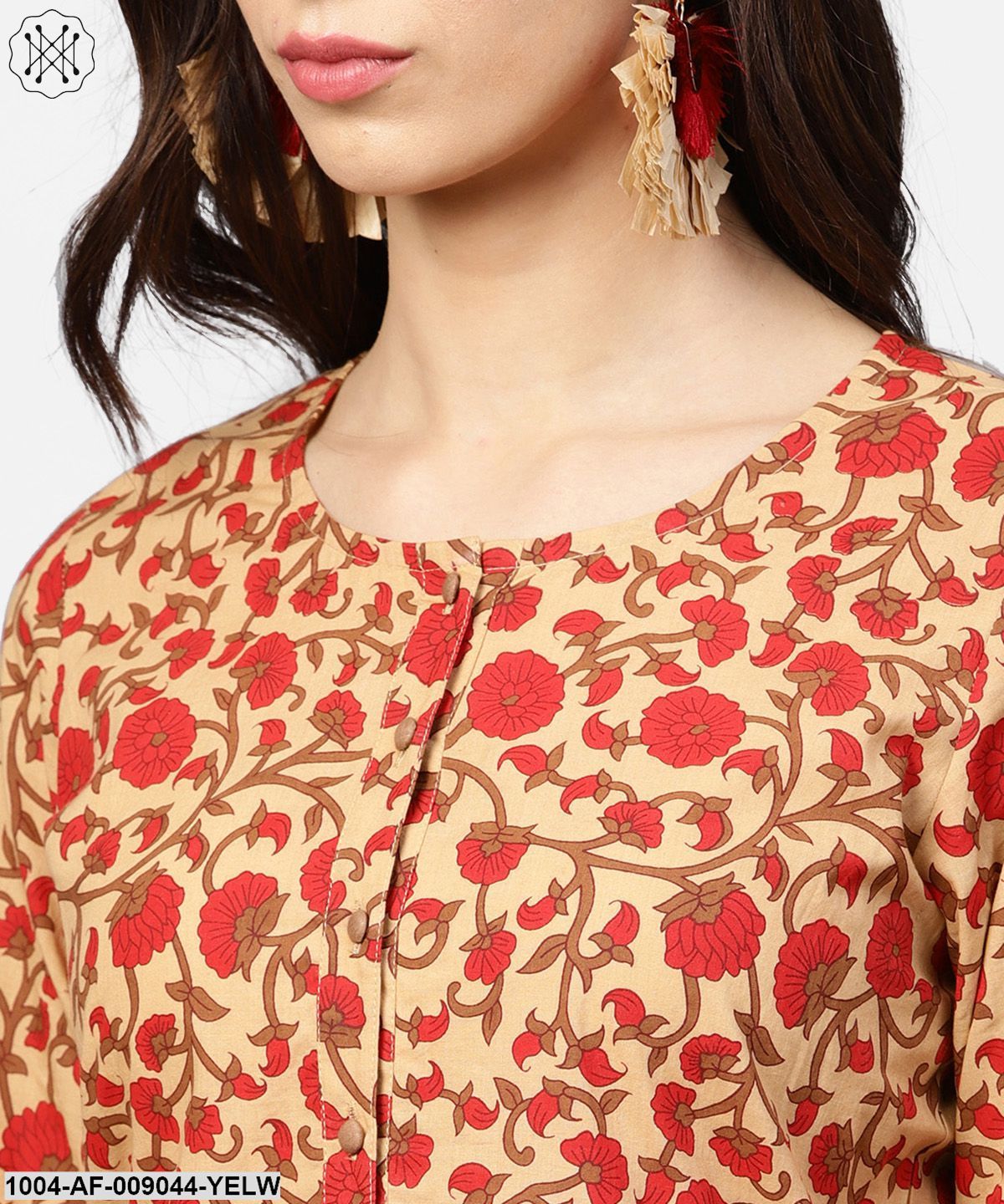 Yellow Printed 3/4Th Sleeve Cotton Anarkali Kurta With Ankle Length Palazzo - Image 4