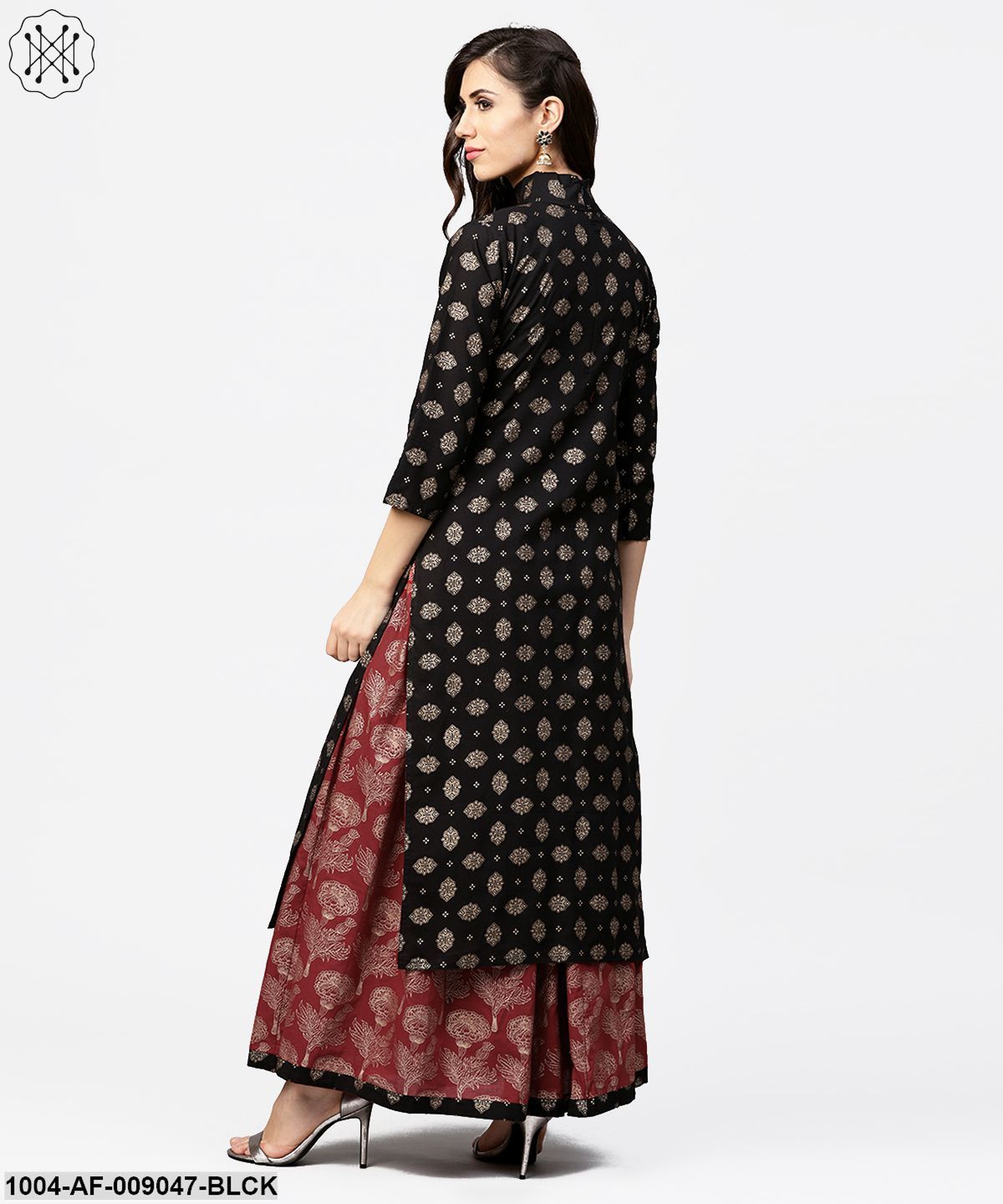 Black Printed 3/4Th Sleeve Cotton Kurta With Red Printed Flared Skirt - Image 3