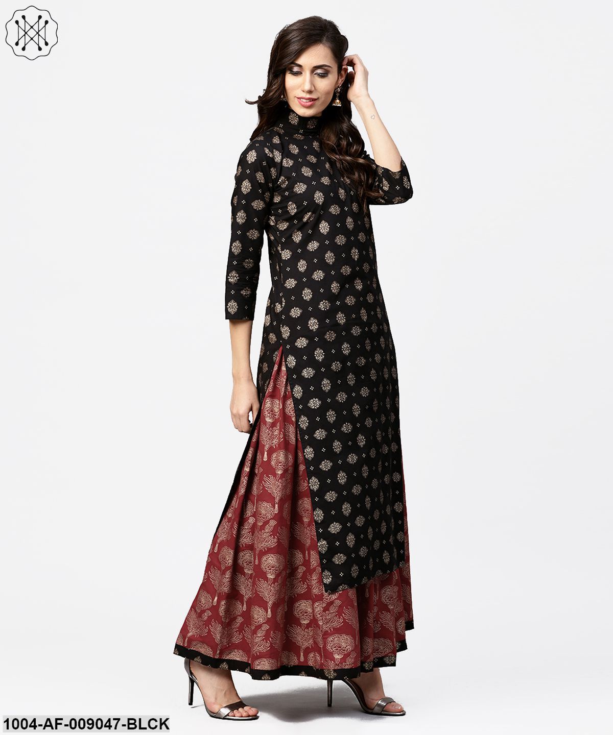 Black Printed 3/4Th Sleeve Cotton Kurta With Red Printed Flared Skirt - Image 2