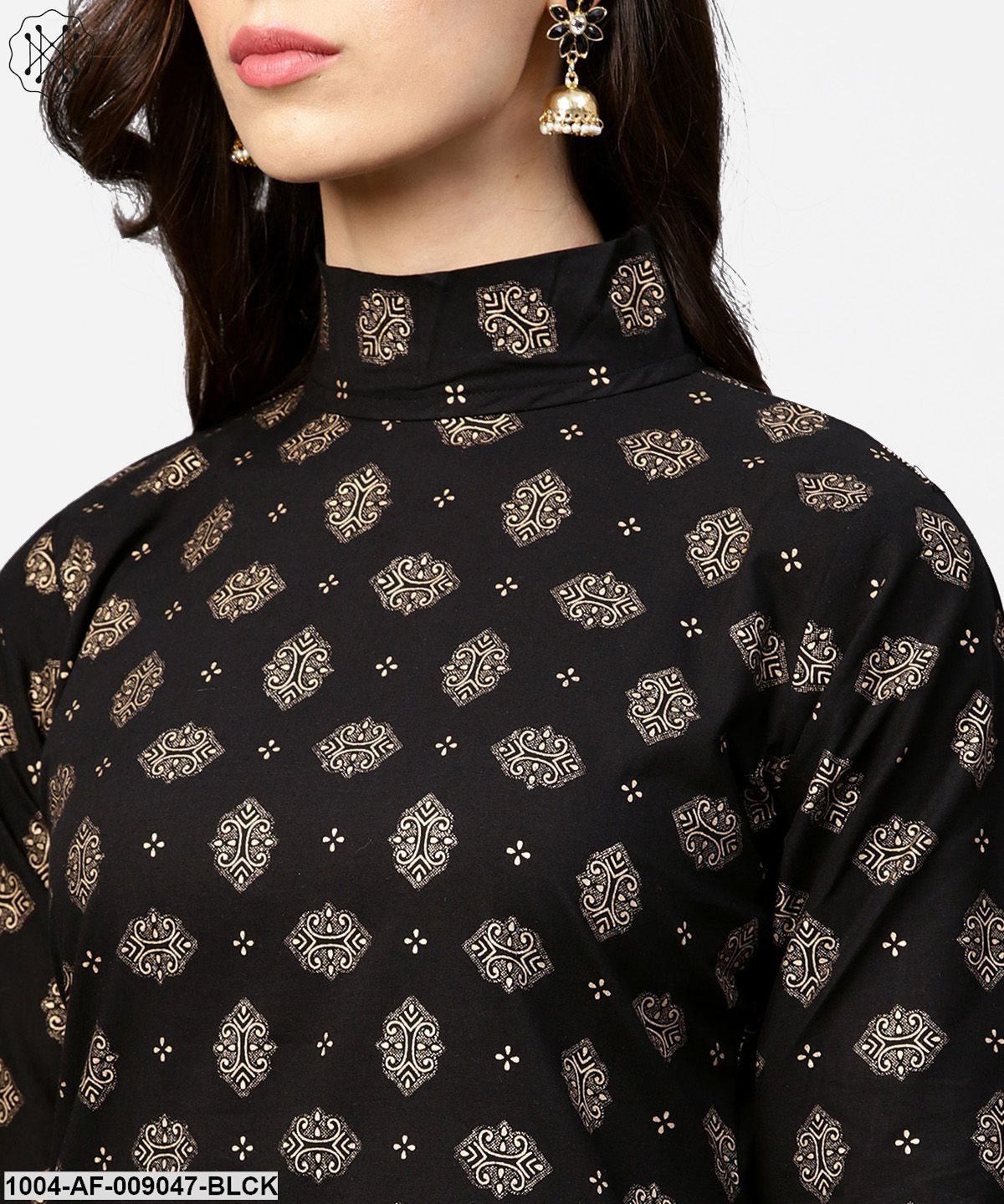 Black Printed 3/4Th Sleeve Cotton Kurta With Red Printed Flared Skirt - Image 4
