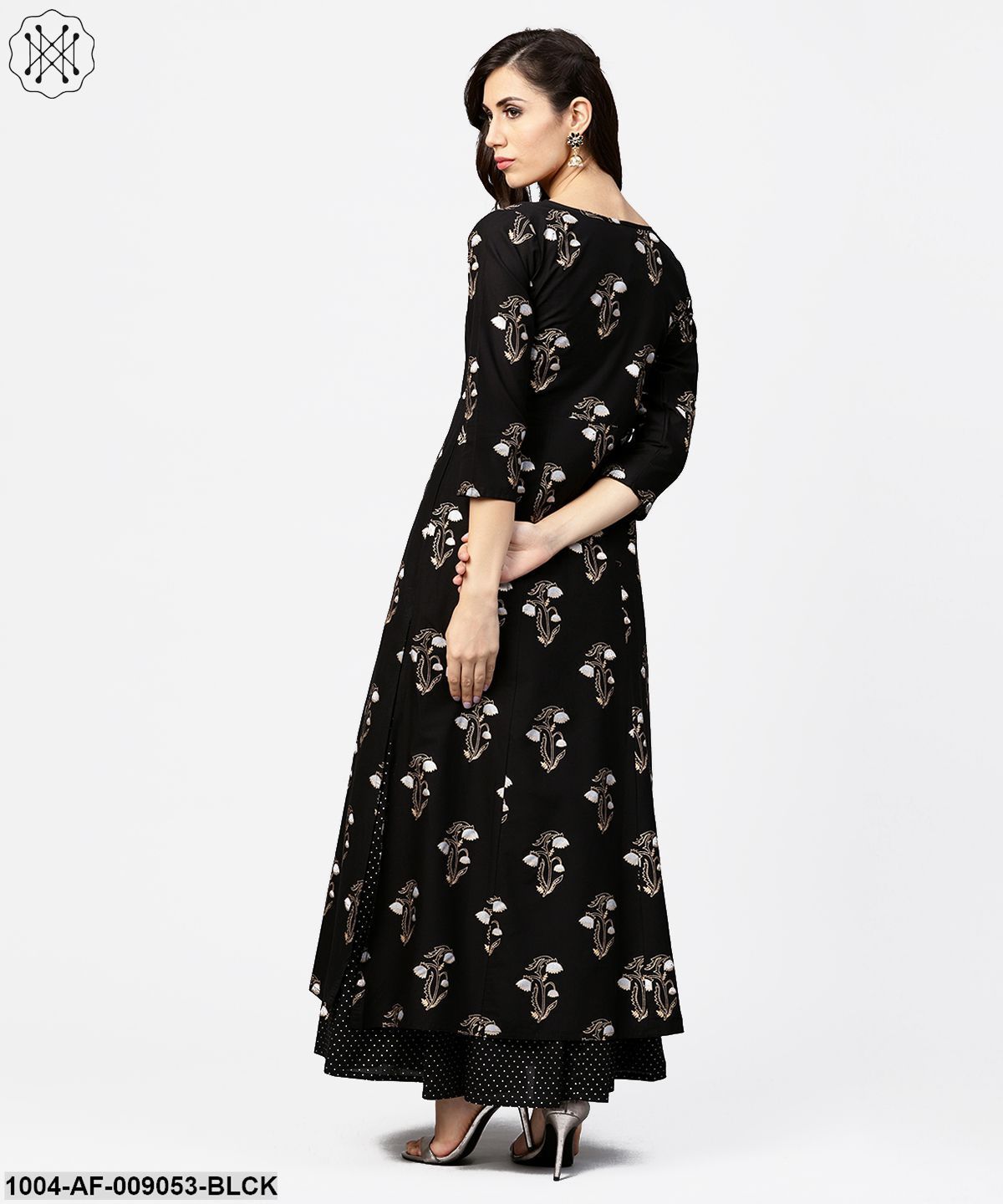Black Printed 3/4Th Sleeve Cotton Kurta With Printed Skirt - Image 2