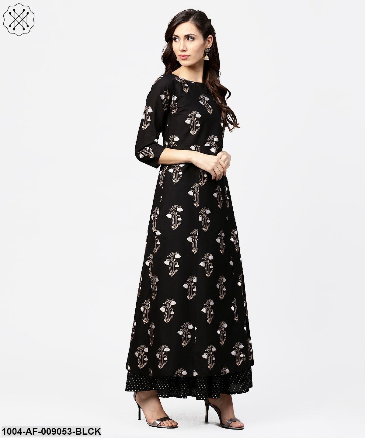 Black Printed 3/4Th Sleeve Cotton Kurta With Printed Skirt - Image 3
