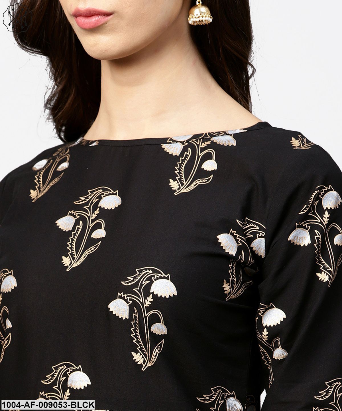 Black Printed 3/4Th Sleeve Cotton Kurta With Printed Skirt - Image 4