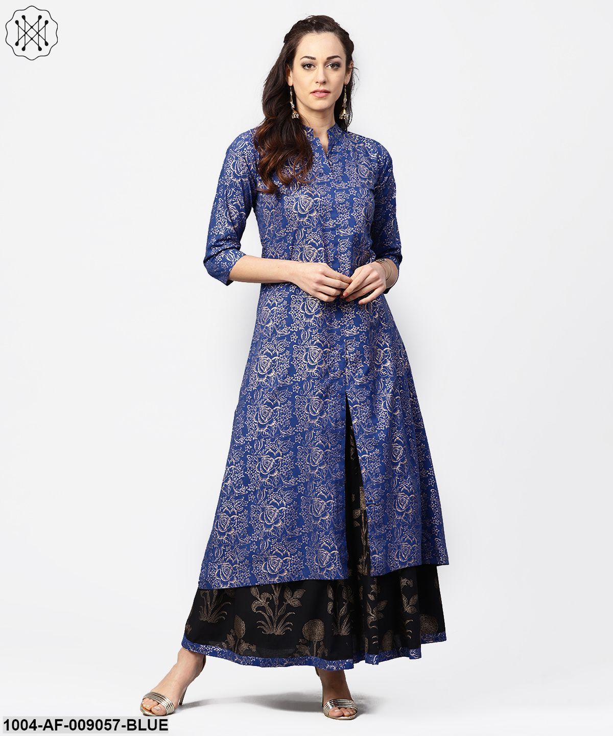 Blue Printed 3/4Th Sleeve A-Line Kurta With Black Flared Skirt