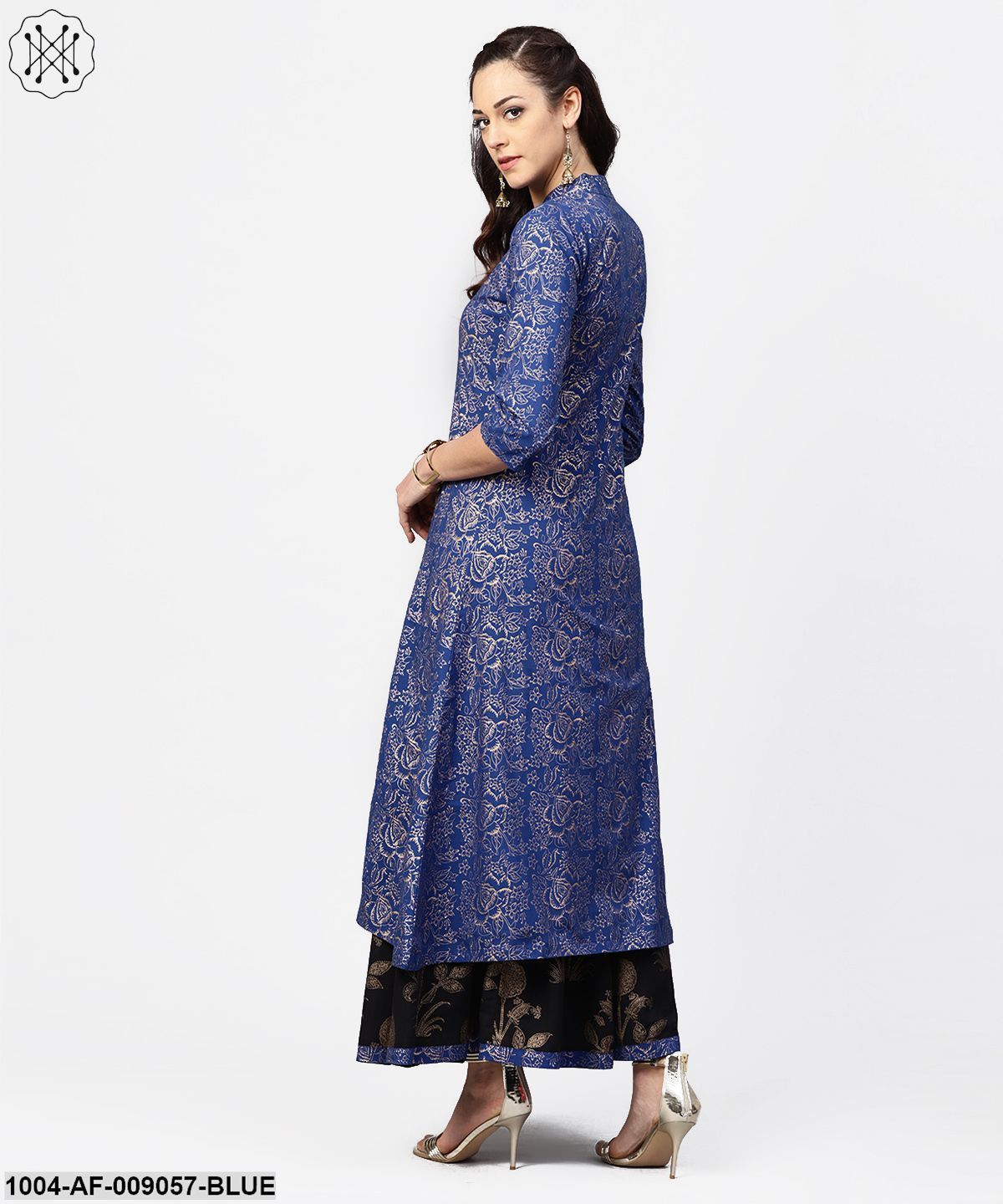 Blue Printed 3/4Th Sleeve A-Line Kurta With Black Flared Skirt - Image 3