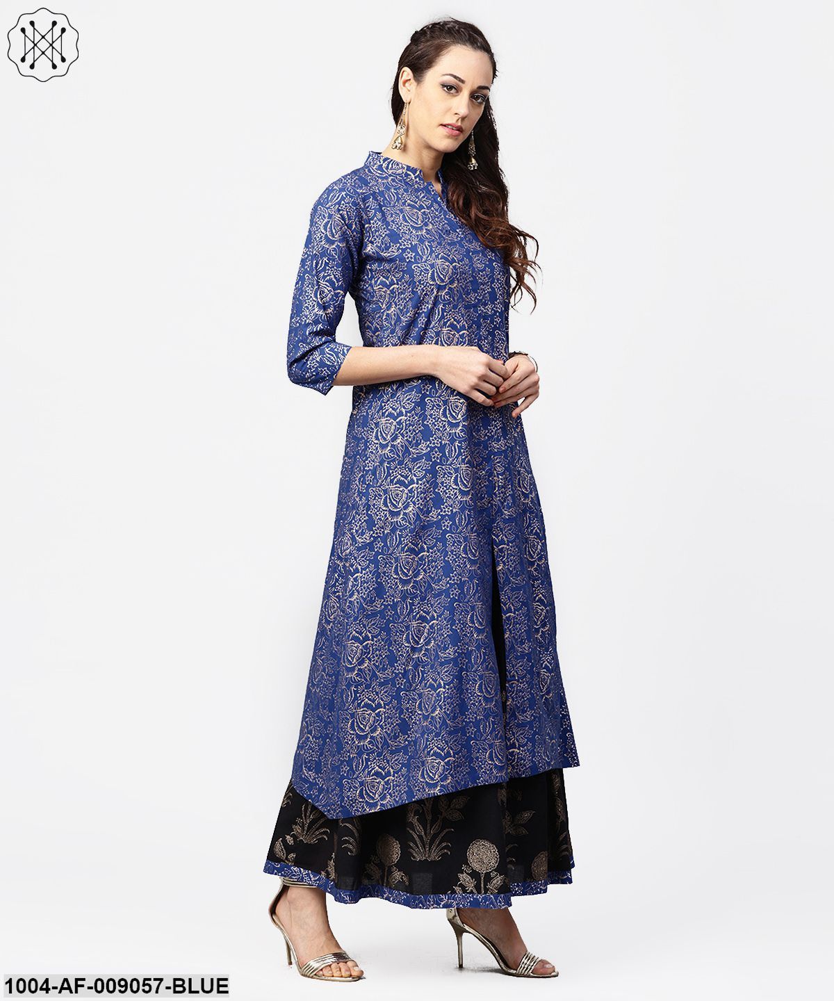 Blue Printed 3/4Th Sleeve A-Line Kurta With Black Flared Skirt - Image 2