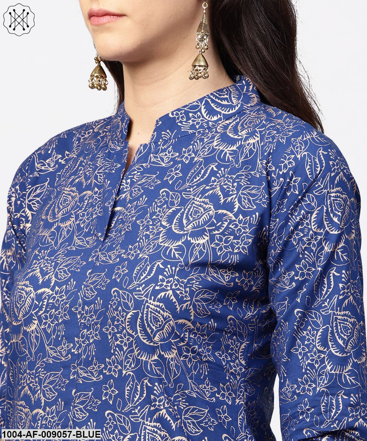 Blue Printed 3/4Th Sleeve A-Line Kurta With Black Flared Skirt - Image 4