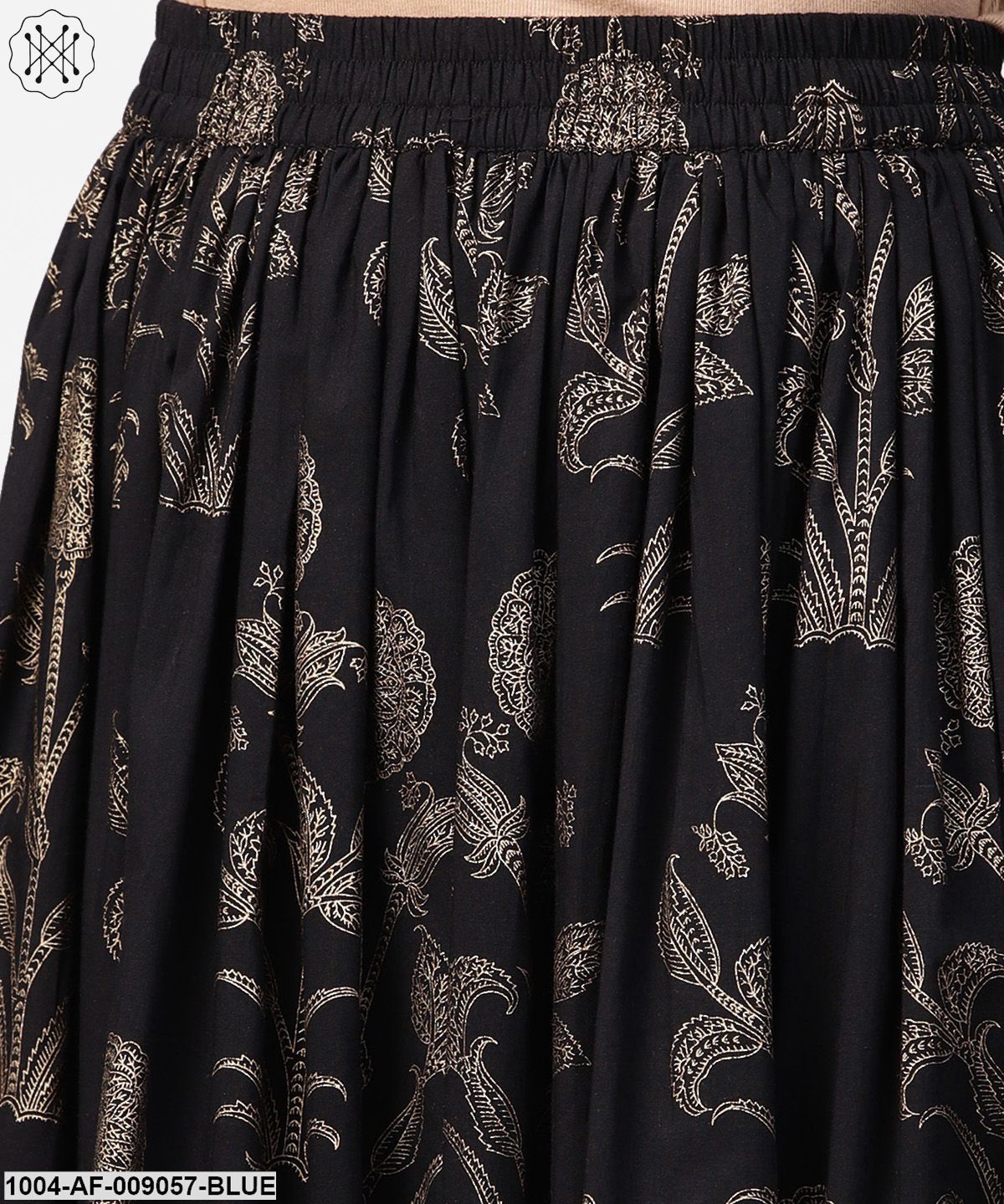 Blue Printed 3/4Th Sleeve A-Line Kurta With Black Flared Skirt - Image 5