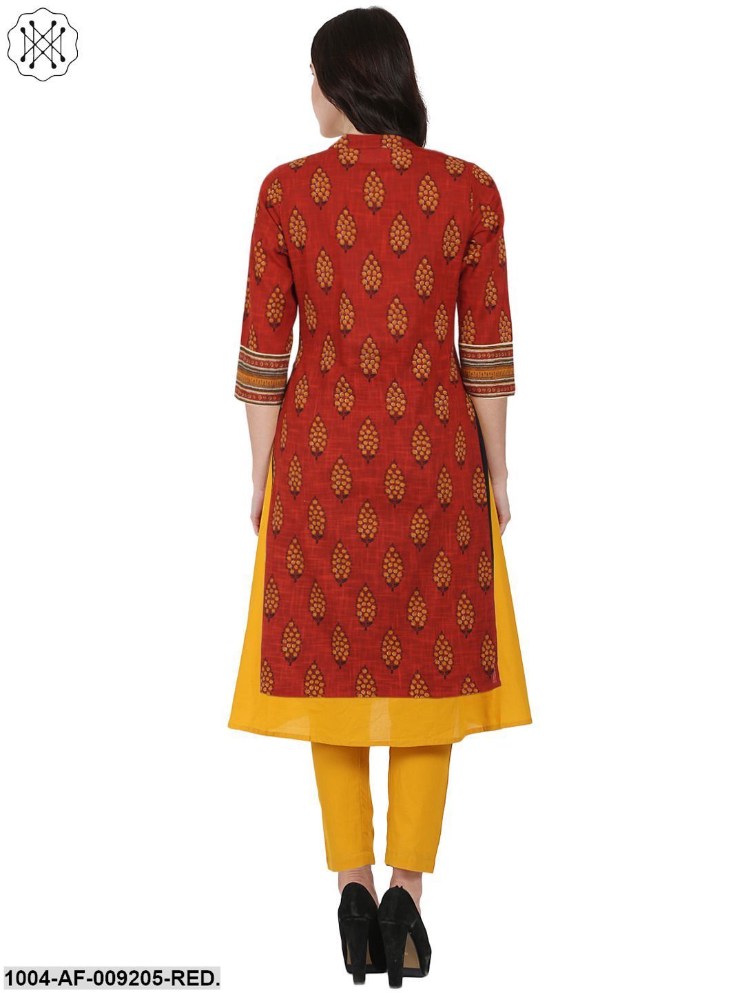 Red & Yellow Printed 3/4Th Sleeve Cotton Double Layer A-Line Kurta With Yellow Ankle Length Palazzo - Image 2