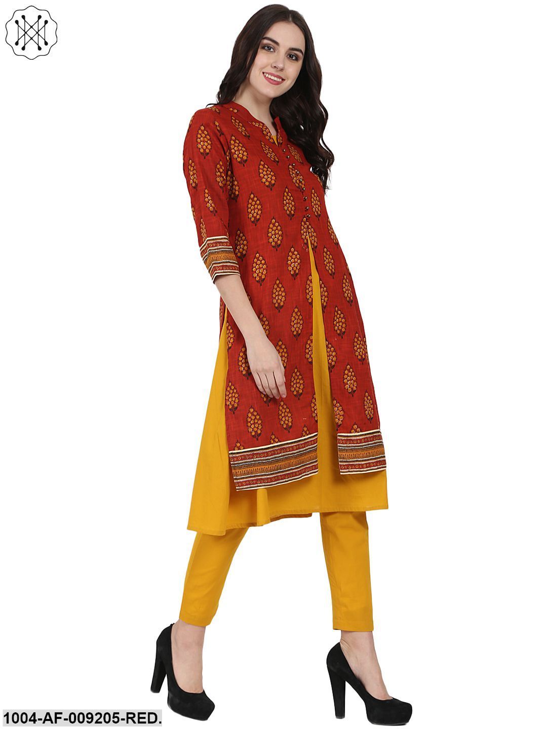 Red & Yellow Printed 3/4Th Sleeve Cotton Double Layer A-Line Kurta With Yellow Ankle Length Palazzo - Image 3