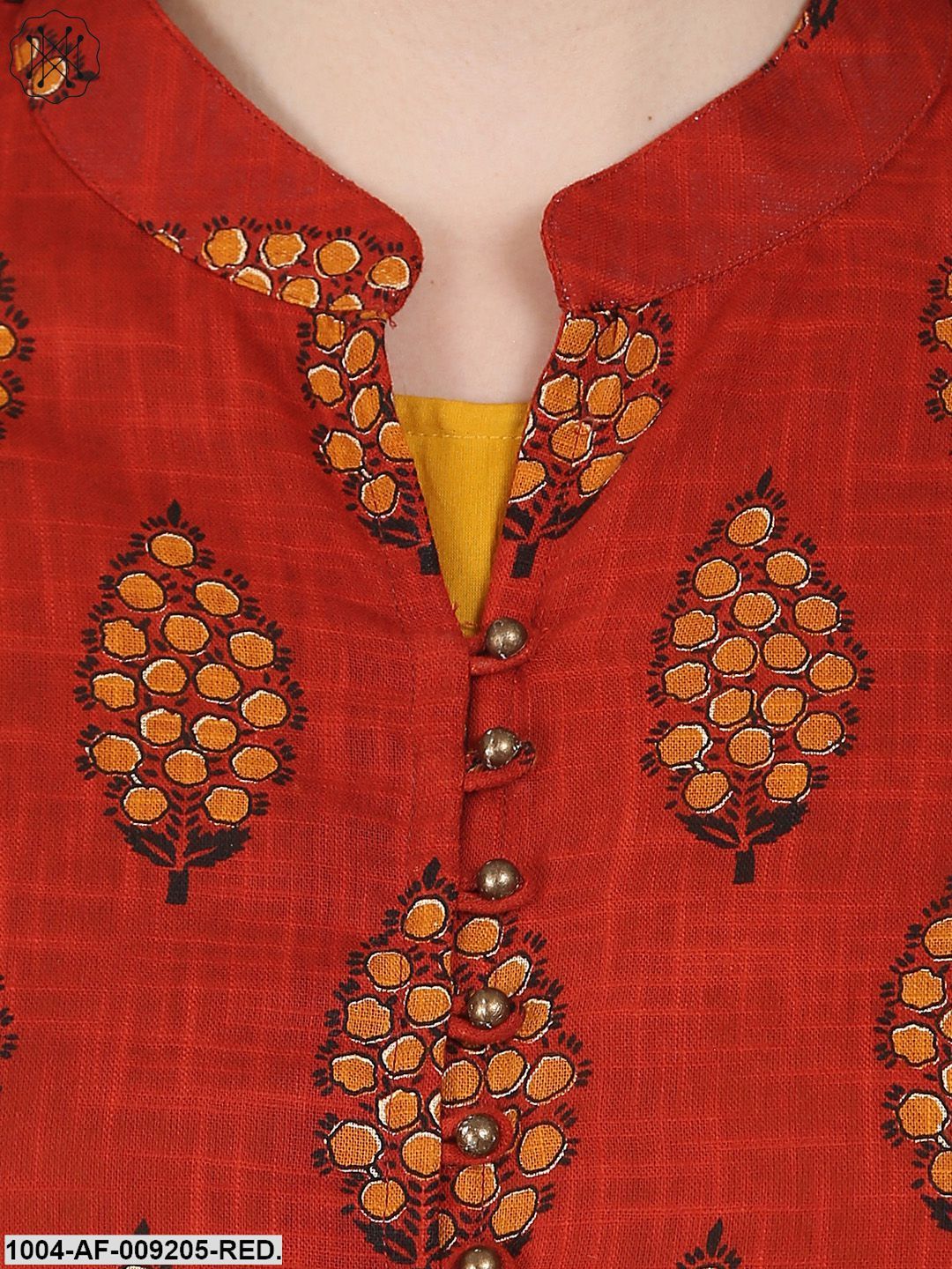 Red & Yellow Printed 3/4Th Sleeve Cotton Double Layer A-Line Kurta With Yellow Ankle Length Palazzo - Image 4