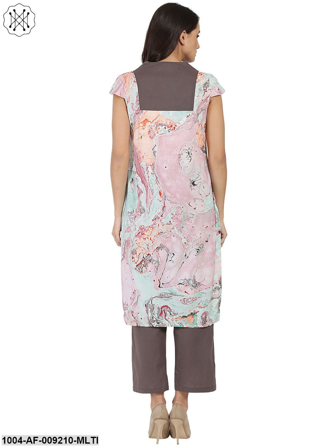 Multi Marbal Printed Cotton Sleeveless Kurta With Grey Palazzo - Image 3