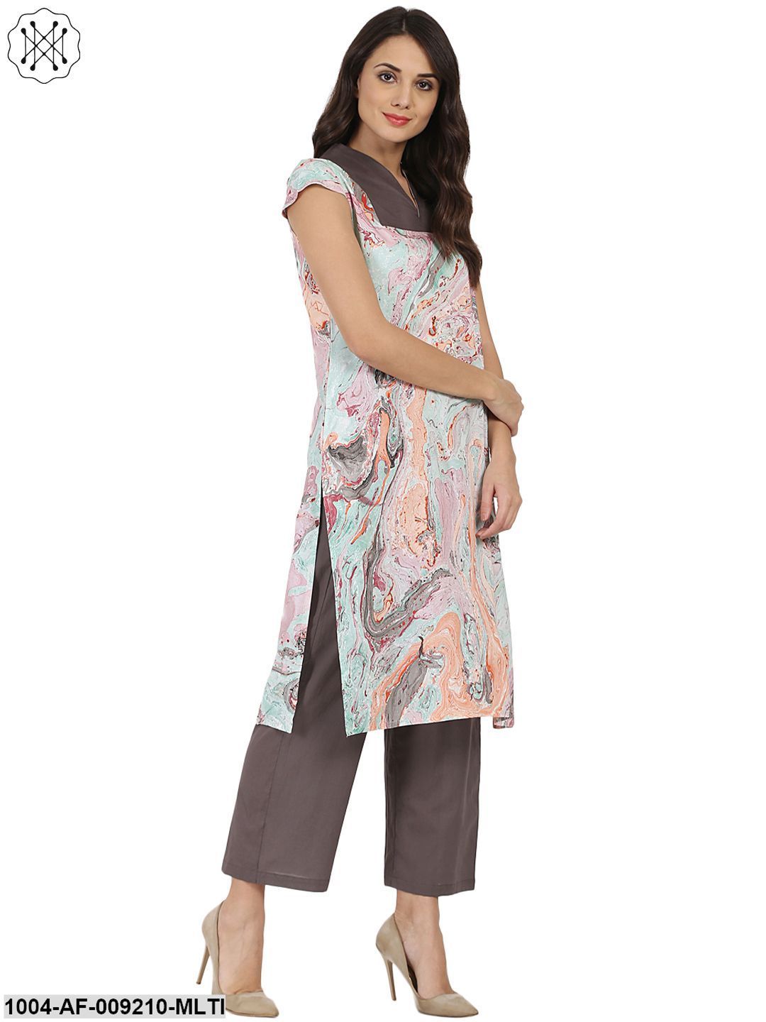 Multi Marbal Printed Cotton Sleeveless Kurta With Grey Palazzo - Image 2