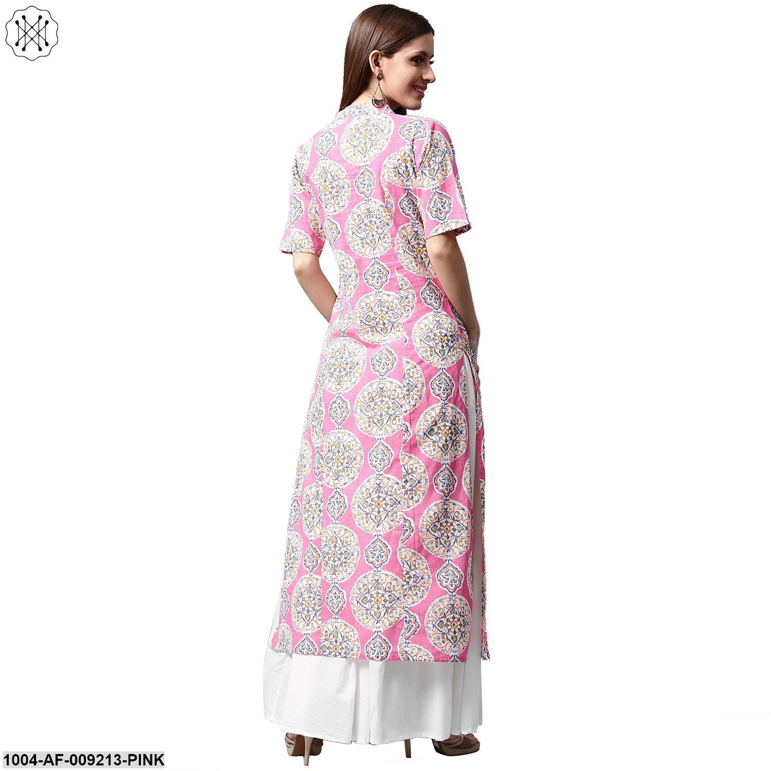Pink Printed Half Sleeve Cotton A-Line Kurta With White Skirt - Image 2