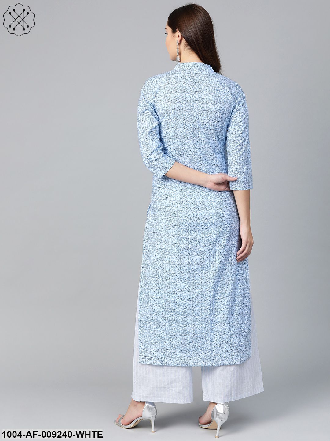 Women Blue & White Straight Floral Printed Kurta And Palazzos Set - Image 3