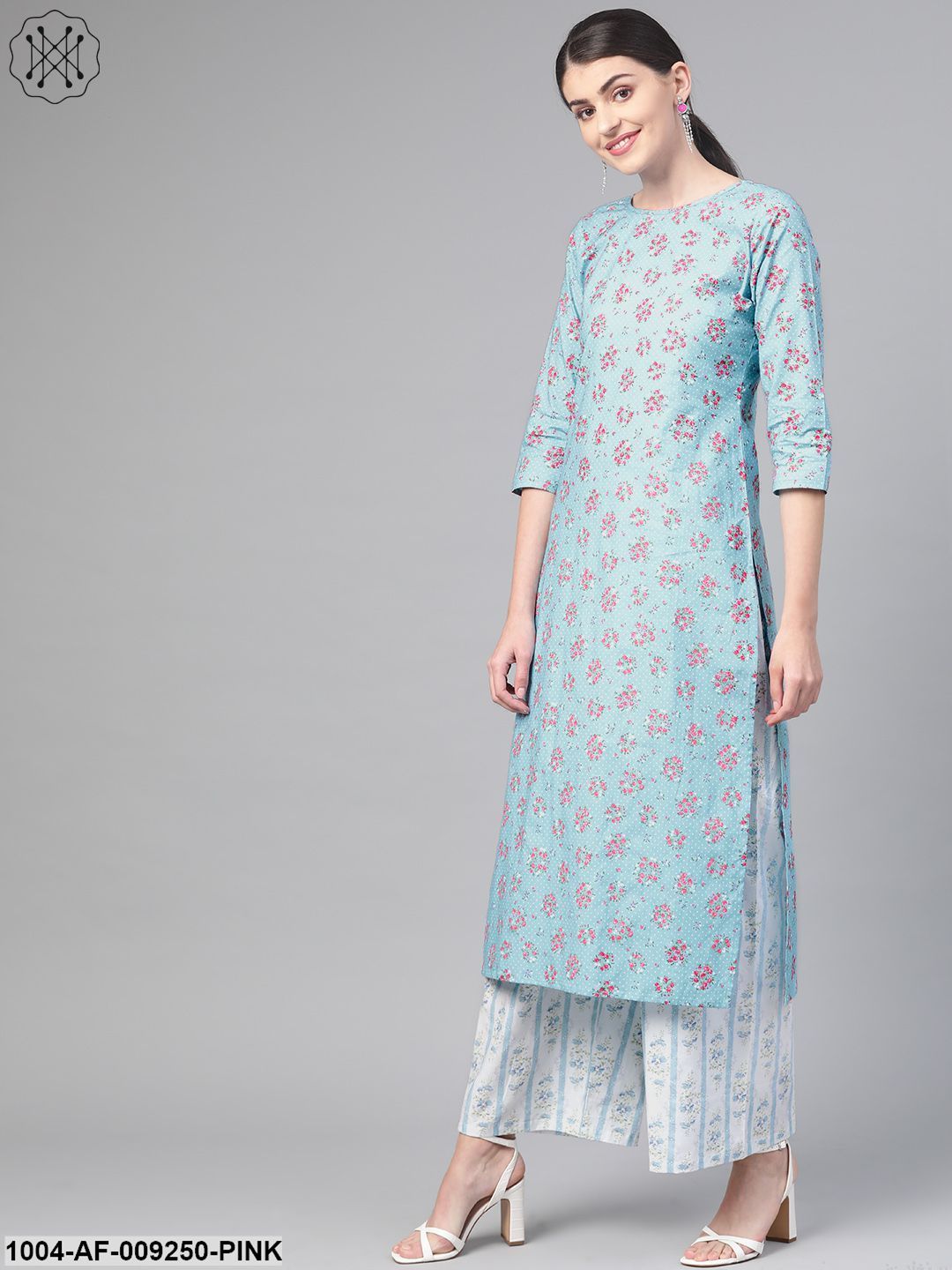 Women Blue & Pink Straight Floral Printed Kurta And Palazzos Set - Image 4