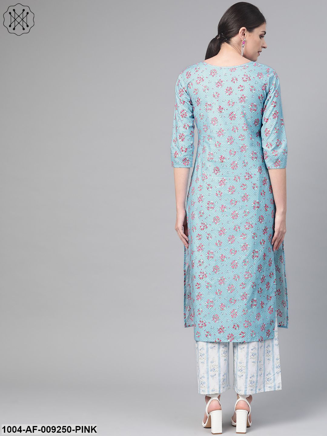 Women Blue & Pink Straight Floral Printed Kurta And Palazzos Set - Image 5