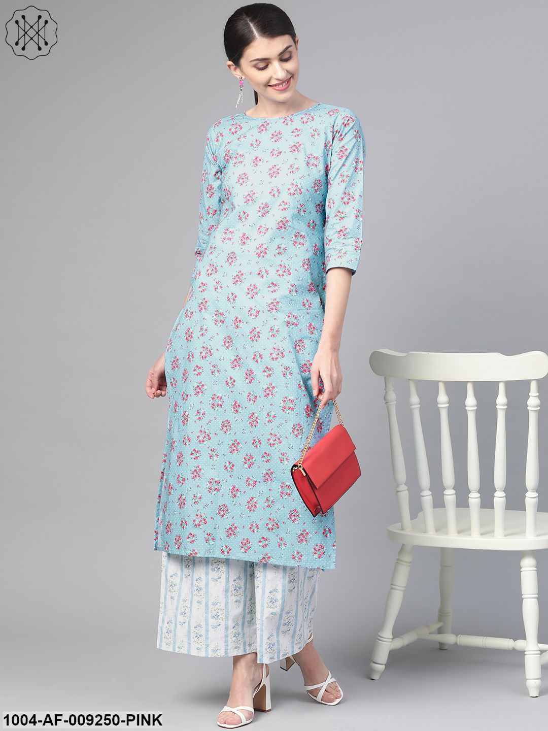 Women Blue & Pink Straight Floral Printed Kurta And Palazzos Set - Image 6