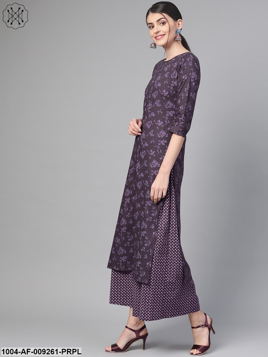 Women Purple &Straight Floral Printed Kurta And Skirt Set - Image 2