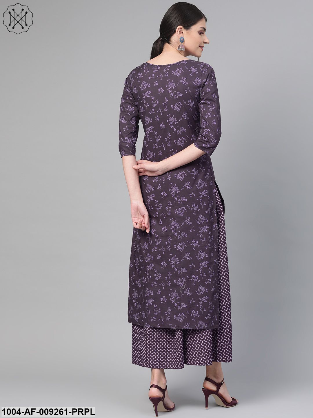 Women Purple &Straight Floral Printed Kurta And Skirt Set - Image 3