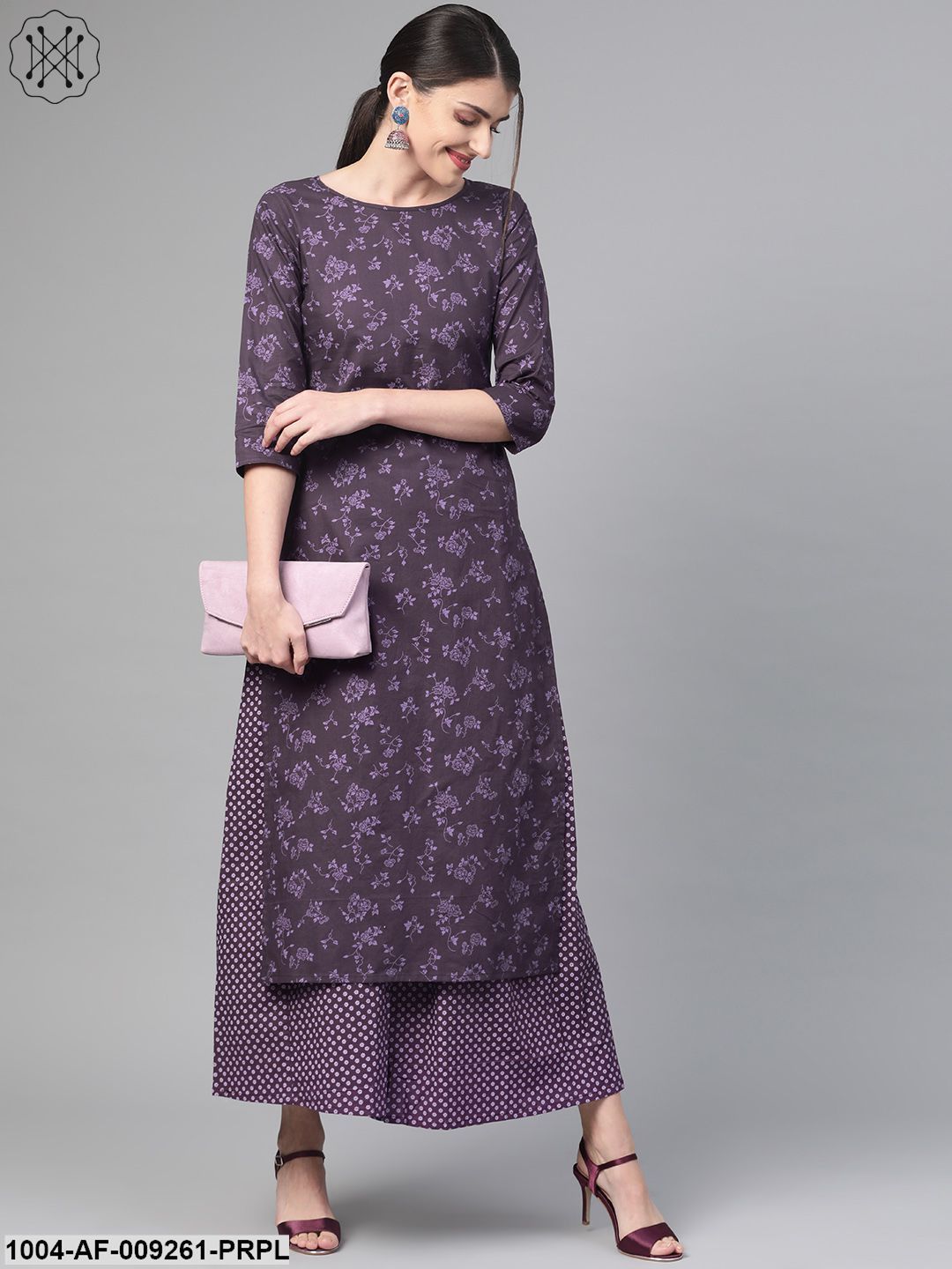 Women Purple &Straight Floral Printed Kurta And Skirt Set - Image 4