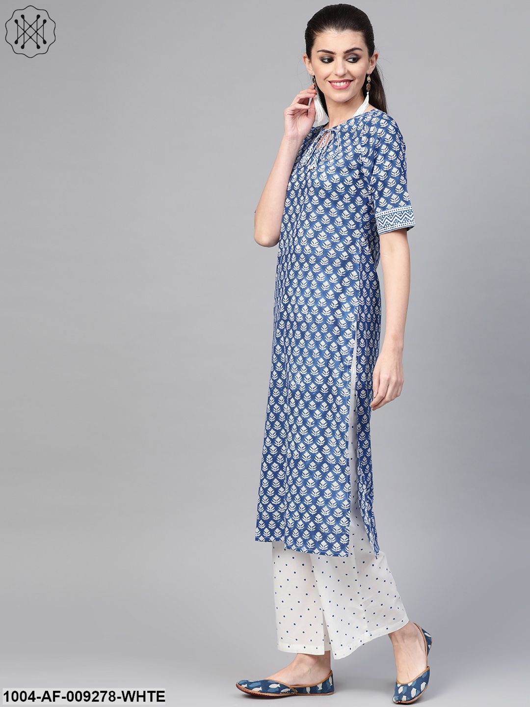 Women Blue & White Straight Floral Printed Kurta And Palazzos Set With Dupatta - Image 5