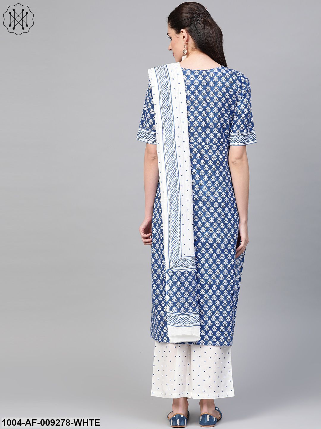 Women Blue & White Straight Floral Printed Kurta And Palazzos Set With Dupatta - Image 6