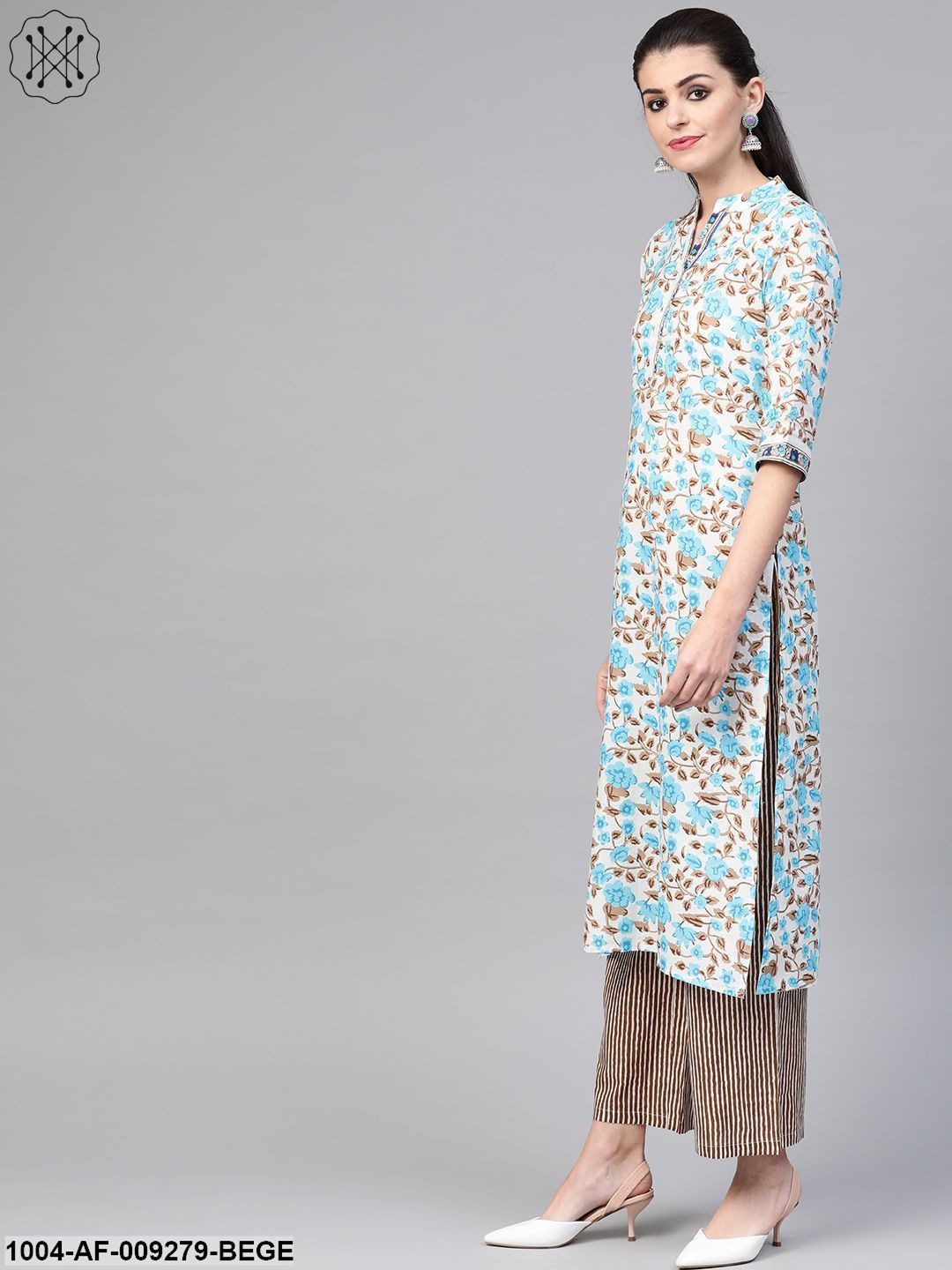 Women Blue & Beige Straight Floral Printed Kurta And Palazzos Set With Dupatta - Image 2
