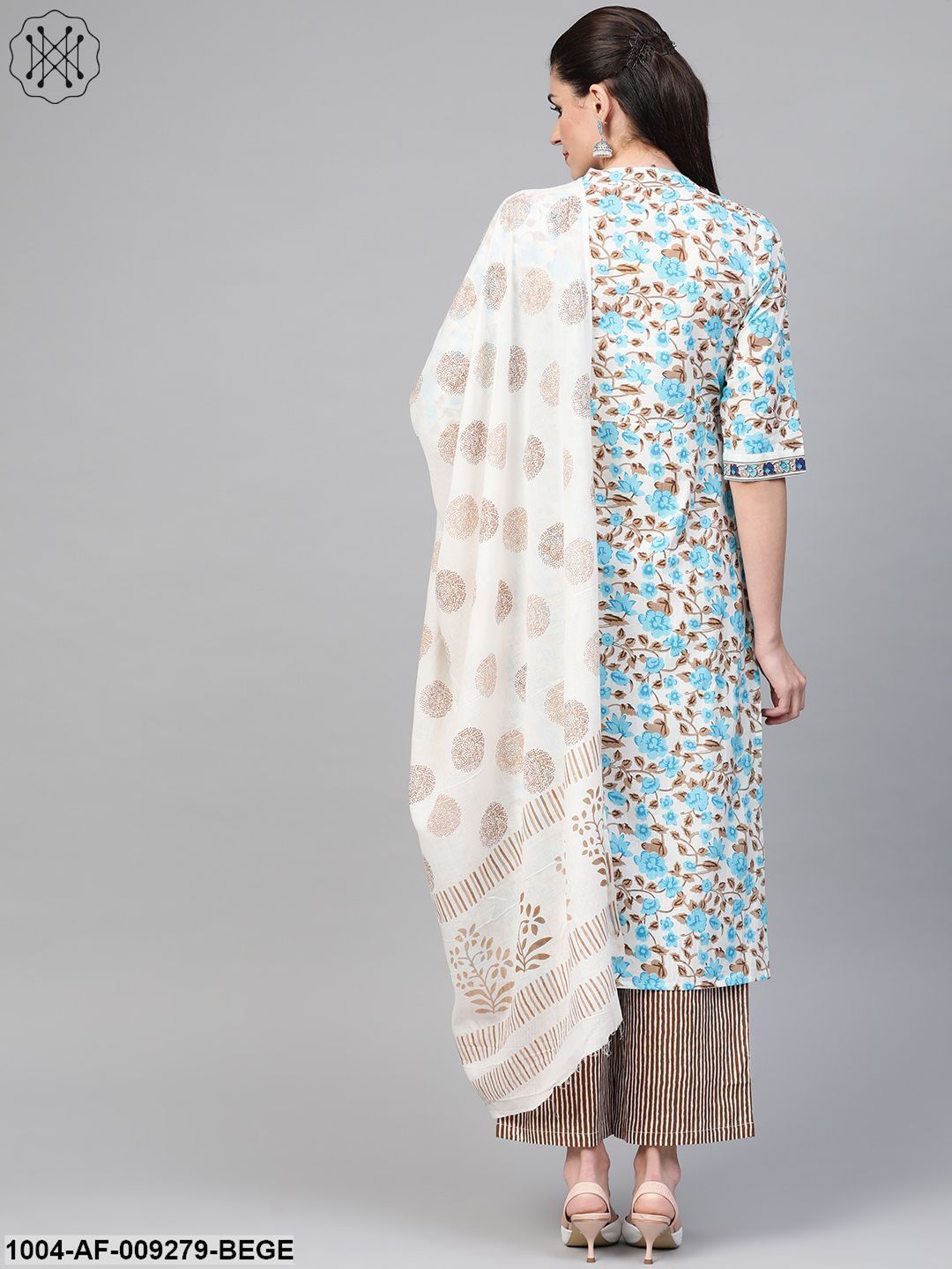 Women Blue & Beige Straight Floral Printed Kurta And Palazzos Set With Dupatta - Image 3