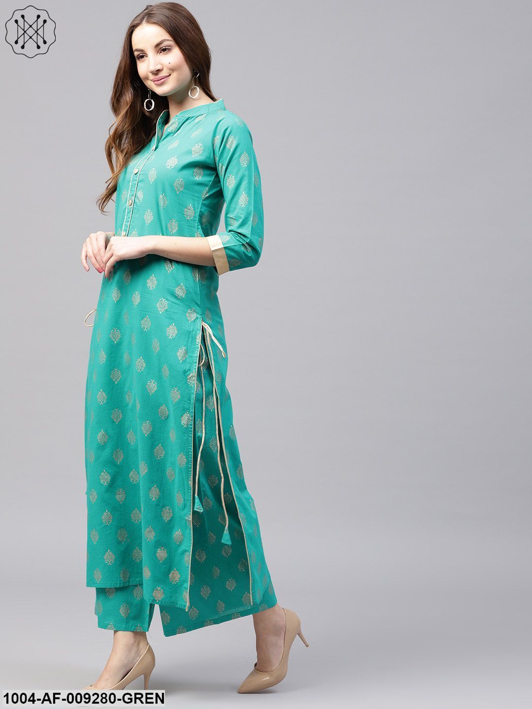 Green Printed 3/4Th Sleeve Cotton Kurta With Green Printed Ankle Length Palazzo - Image 2