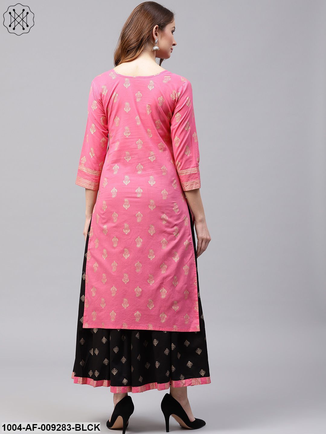 Pink Golden Print 3/4Th Sleeve Cotton Kurta With Black Printed Skirt - Image 2