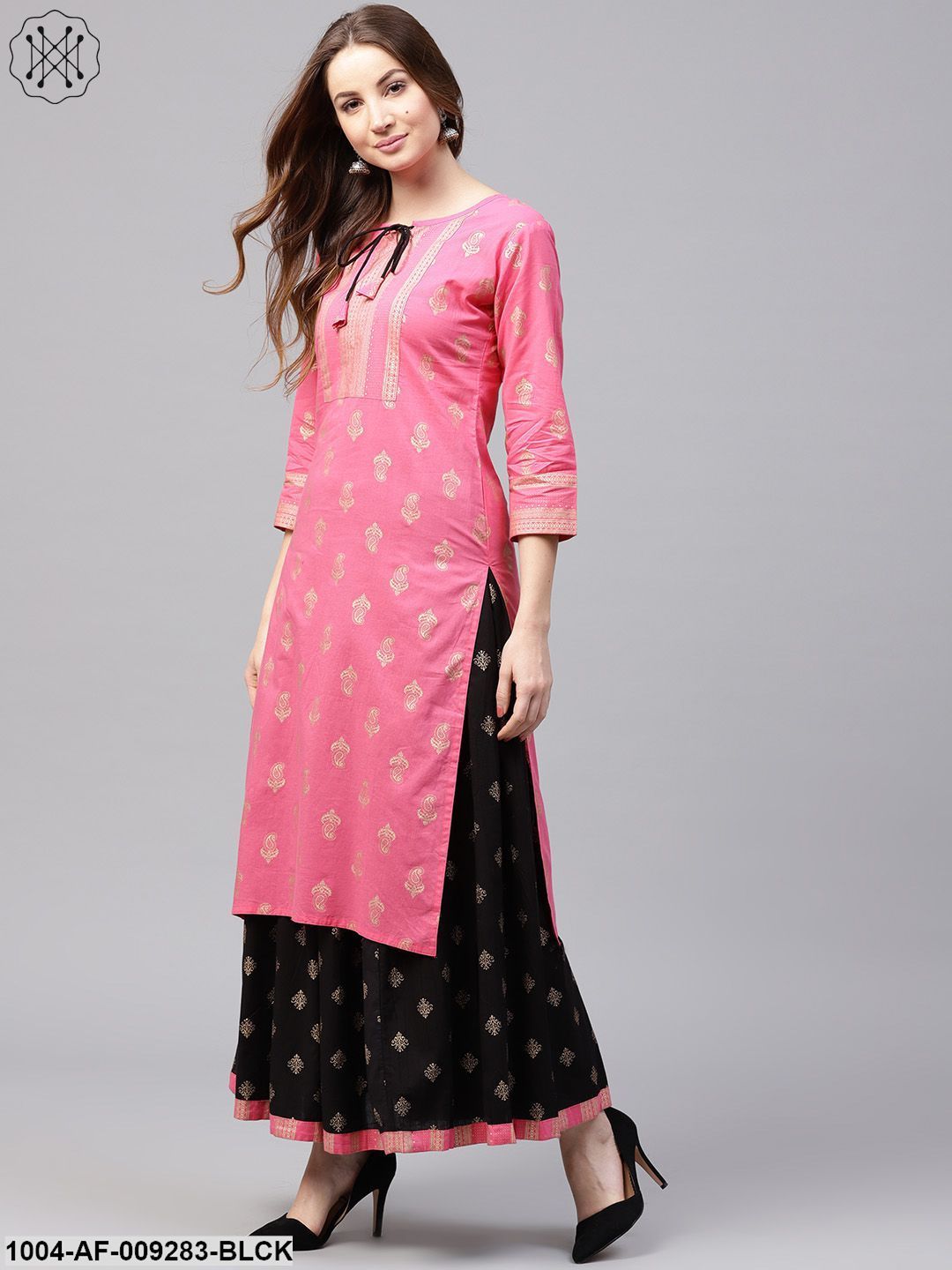 Pink Golden Print 3/4Th Sleeve Cotton Kurta With Black Printed Skirt - Image 3