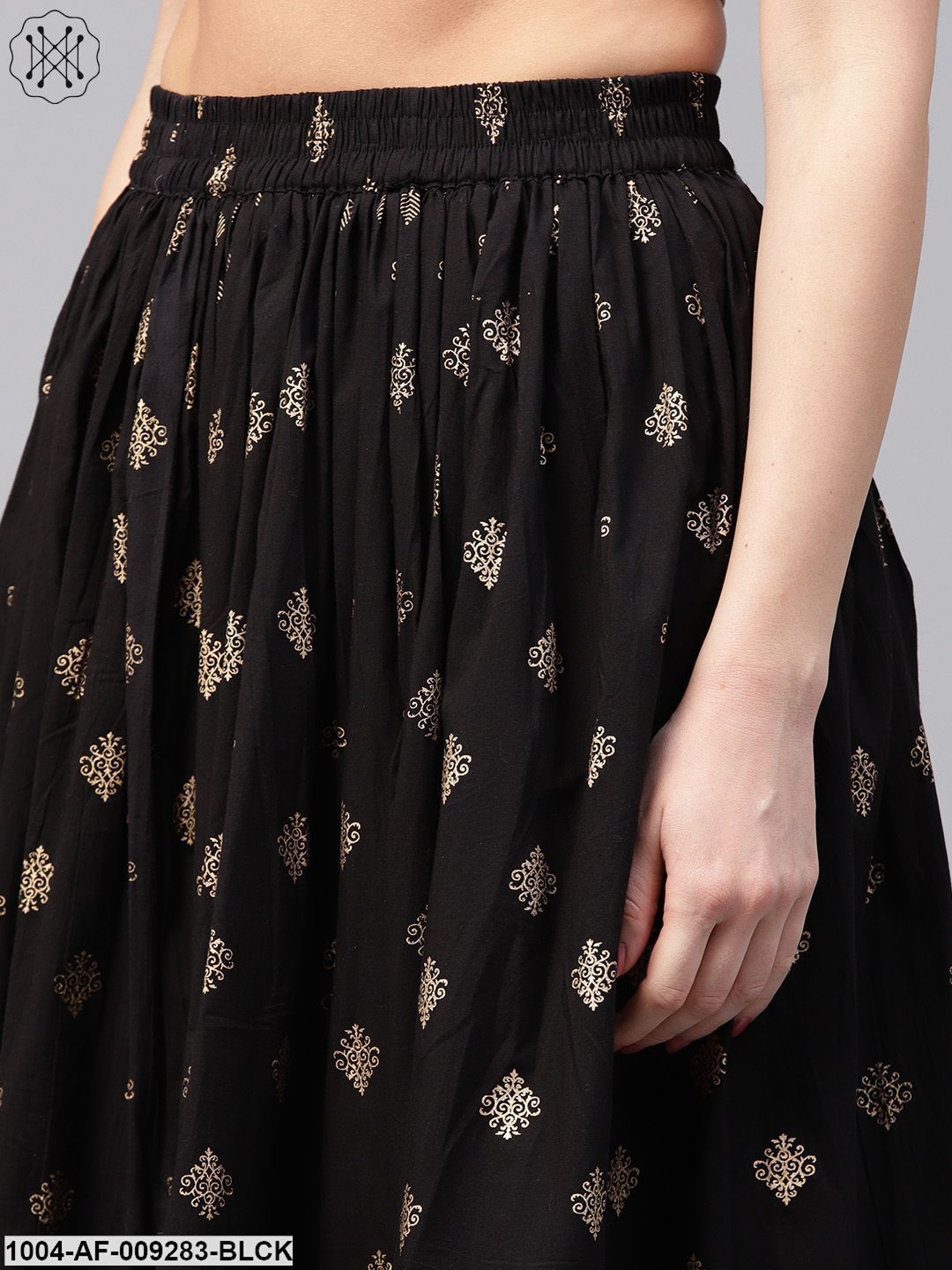 Pink Golden Print 3/4Th Sleeve Cotton Kurta With Black Printed Skirt - Image 4