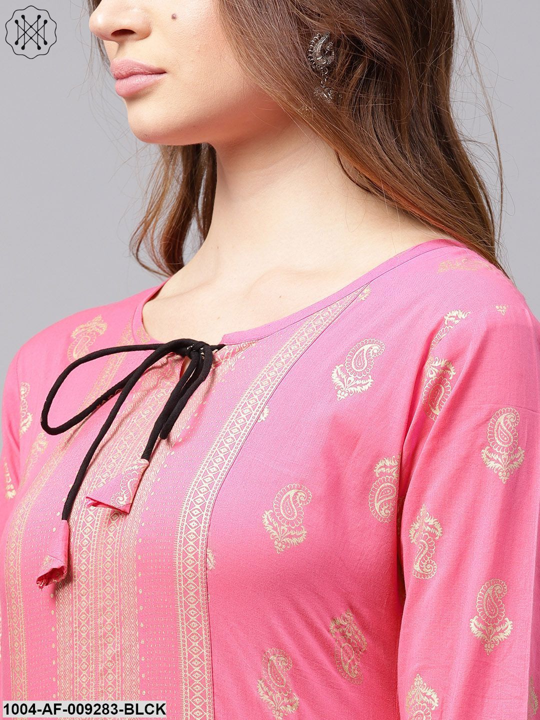 Pink Golden Print 3/4Th Sleeve Cotton Kurta With Black Printed Skirt - Image 5