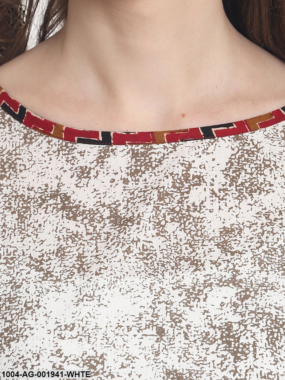 White Printed 3/4Th Sleeve Cotton A-Line Kurta - Image 4